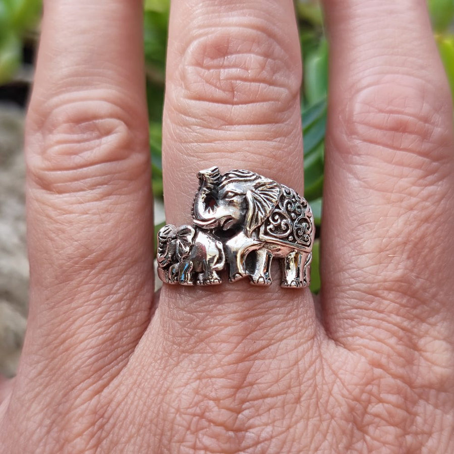 ANELLO artigianale con elefanti in argento 925 - HATI