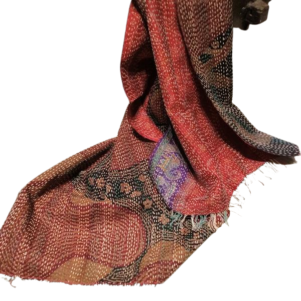 KANTHA-Schal aus ockerroten handbestickten Vintage-Stoffen aus Seidenmischung