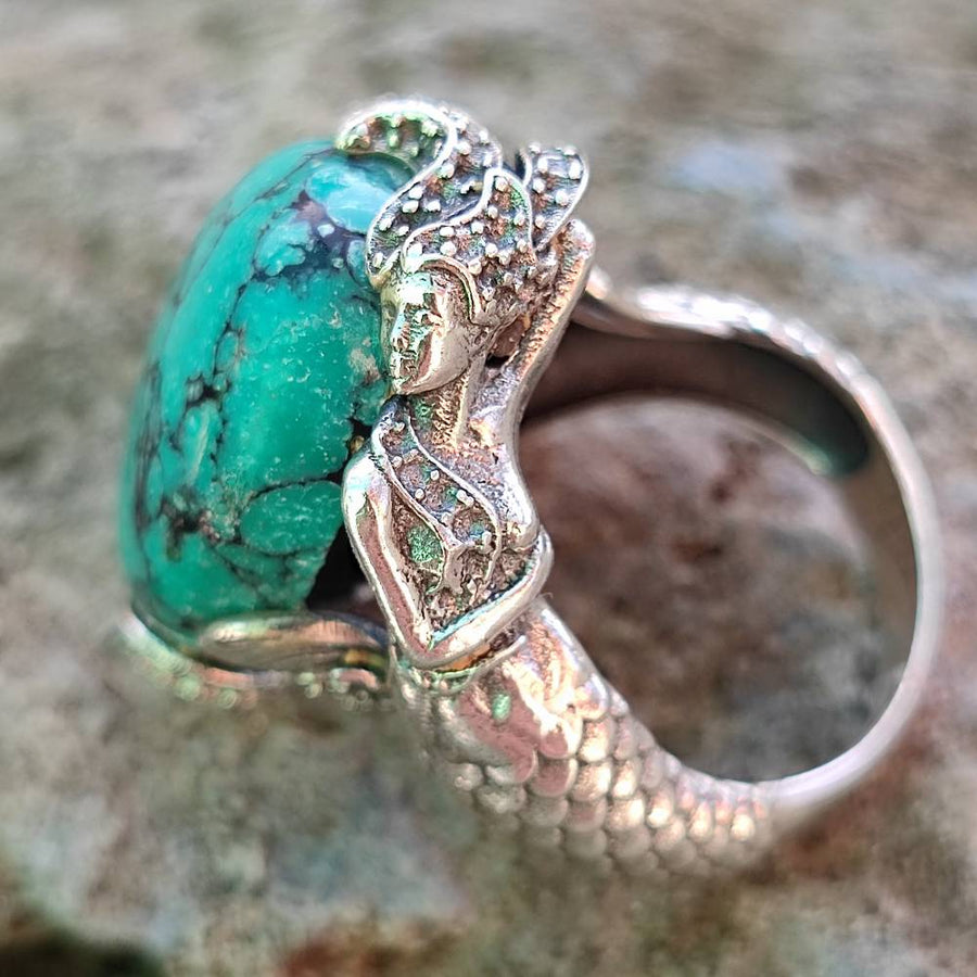Ethno-Ring aus 925er Silber mit Stein und Meerjungfrau - LASARNA