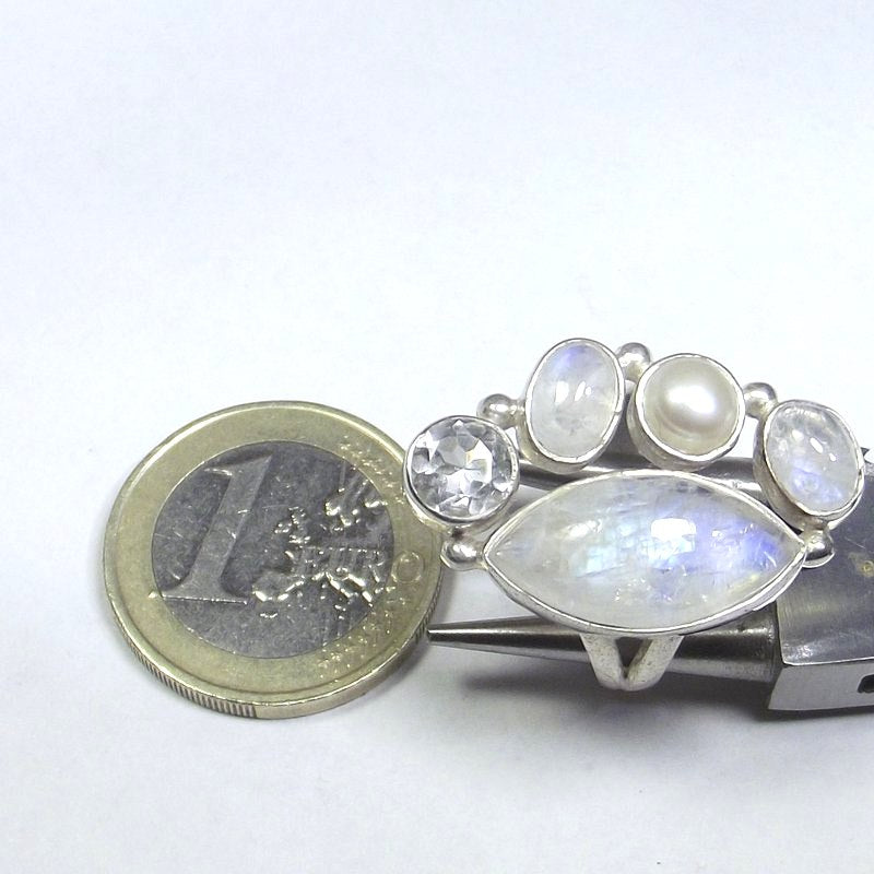 ANELLO Pietra di luna, cristallo di rocca, perla e argento navetta 15 - 18