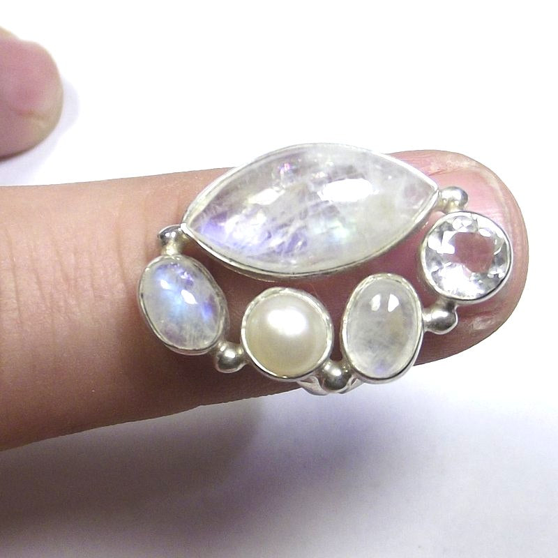 ANELLO Pietra di luna, cristallo di rocca, perla e argento navetta 15 - 18