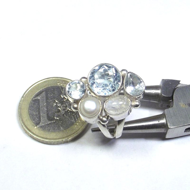 ANELLO argento 925 Pietra di luna, perla e TOPAZIO azzurro 13 - 15