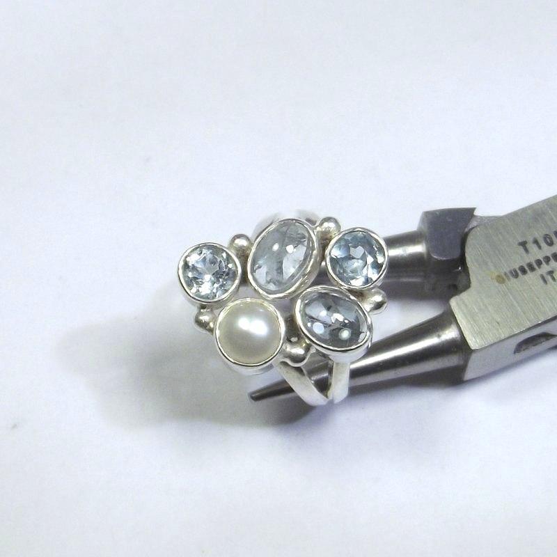 AQUAMARIN 925 Silber RING, Perle und blauer TOPAZ