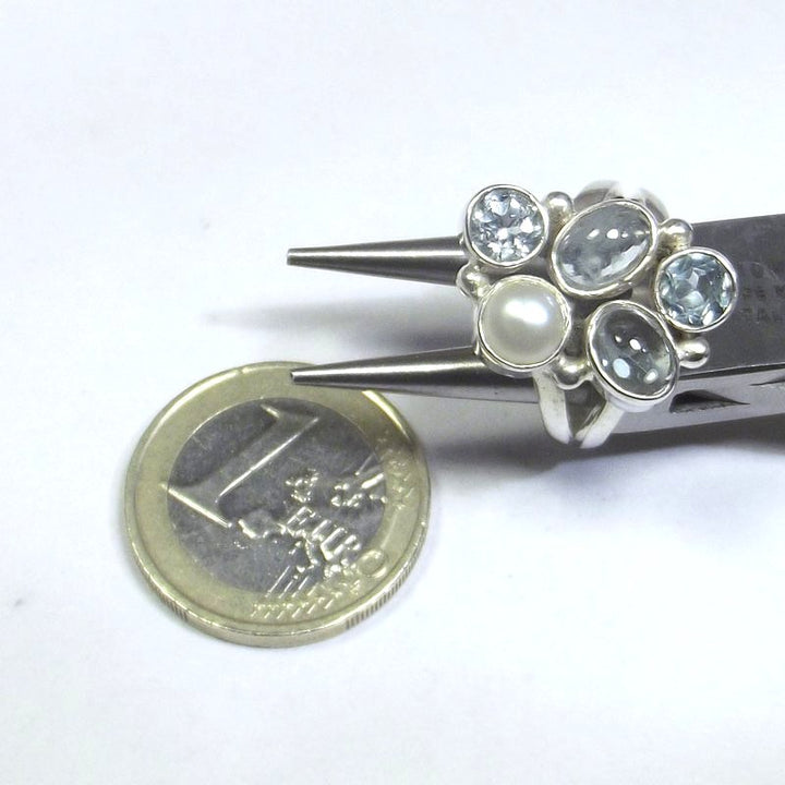AQUAMARIN 925 Silber RING, Perle und blauer TOPAZ 15 - 18