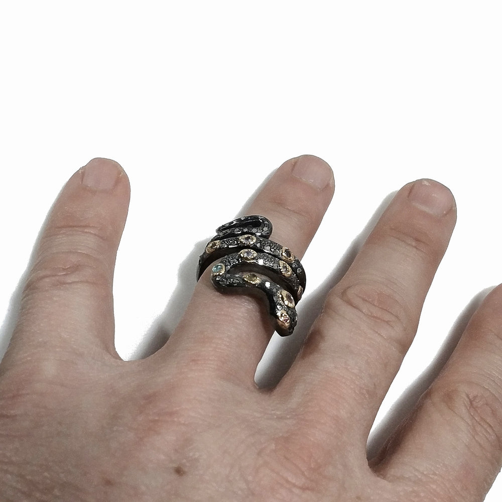 SCHLANGENRING in Silber 925 schwarz RING Handarbeit Diamant und Topas | ETHNISCHER SCHMUCK