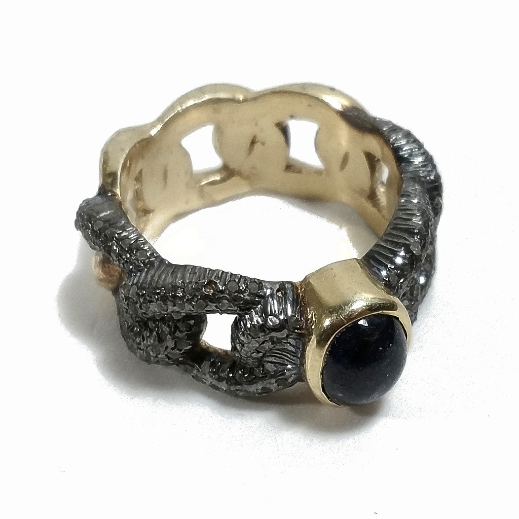 ETHNISCHER RING aus vergoldetem 925er Silber handgefertigter RING Diamant und Saphir | ETHNISCHER SCHMUCK