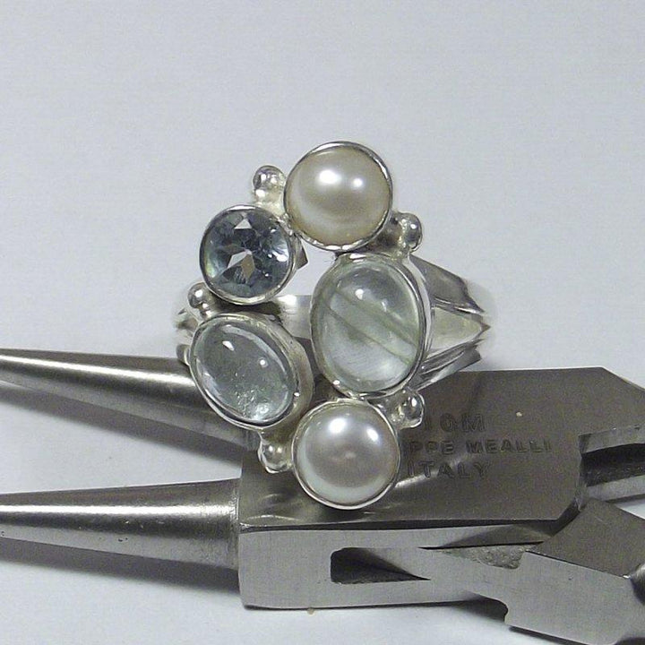 AQUAMARIN 925 Silber RING, Perle und blauer TOPAZ
