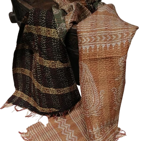 KANTHA Schal mit beige-burgunderroten handbestickten Vintage-Seiden-Mix-Stoffen