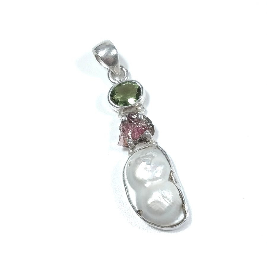 Ciondolo artigianale in argento 925 Ciondolo con pietra Perla Tormalina rosa Peridoto | GIOIELLI IN ARGENTO
