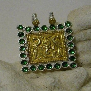 Ciondolo Oro Argento Symbol con vetro - Ganesh - green - rettang