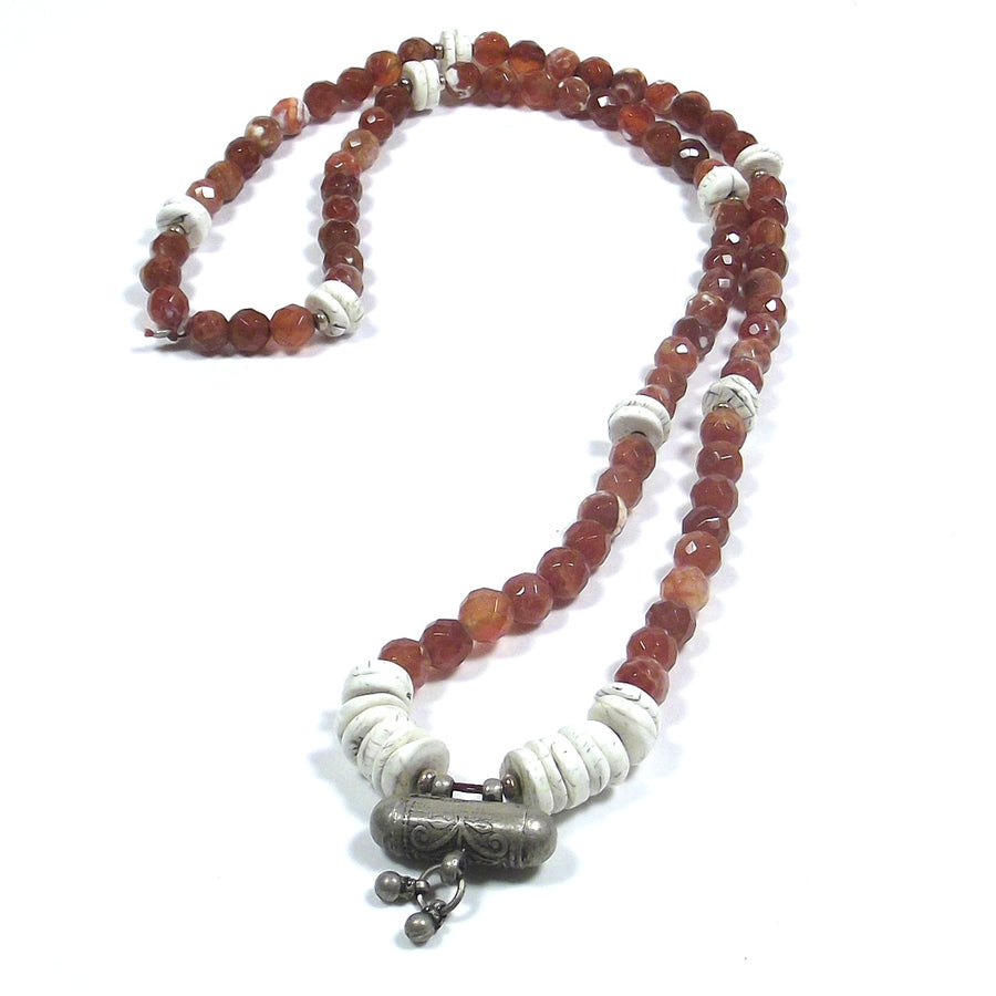 Japa Mala Ethnische Halskette - Feuerachat | NAGA fossile Muschel - Gebetshalter