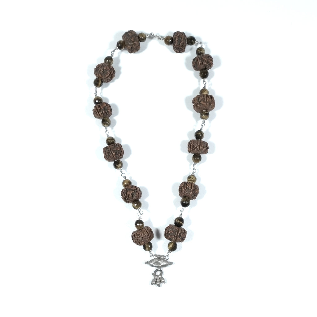 ETHNIC Halskette aus 925er Silber Handgefertigte Halskette Tigerauge, Rudraksha | JAPAMALA