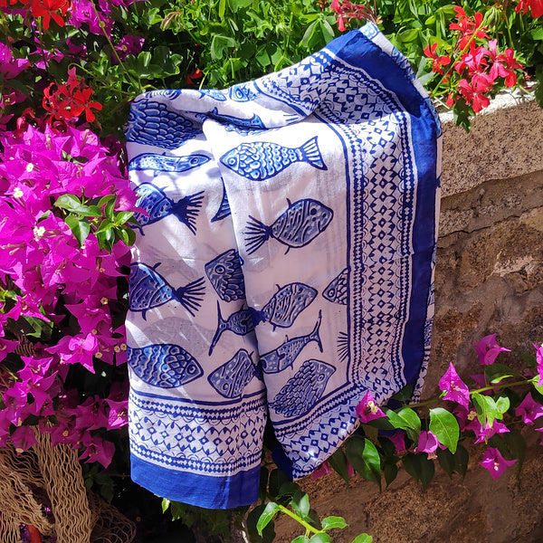 Pareo | Handgemachter Baumwollschal mit Fischen | Badetuch